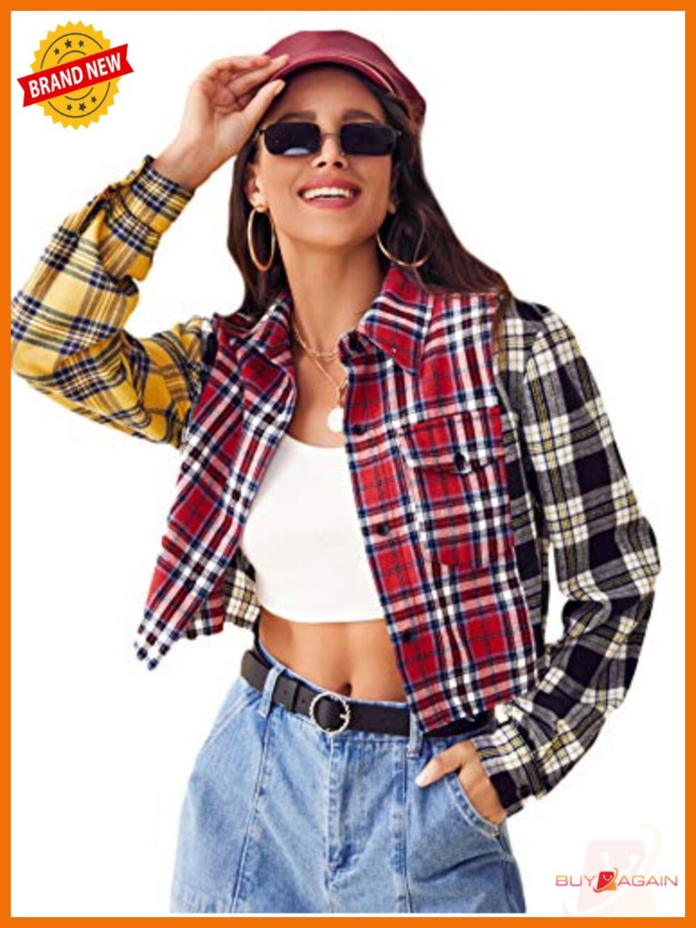 Color Block Plaid Button Down Crop Top Long Sleeve Blouse
